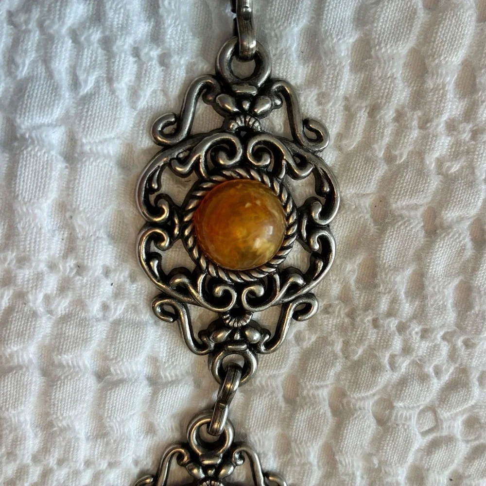 Y2K Silver Filigree Belt Metal Chain Amber Resin Romantic Low Slung Adjustable